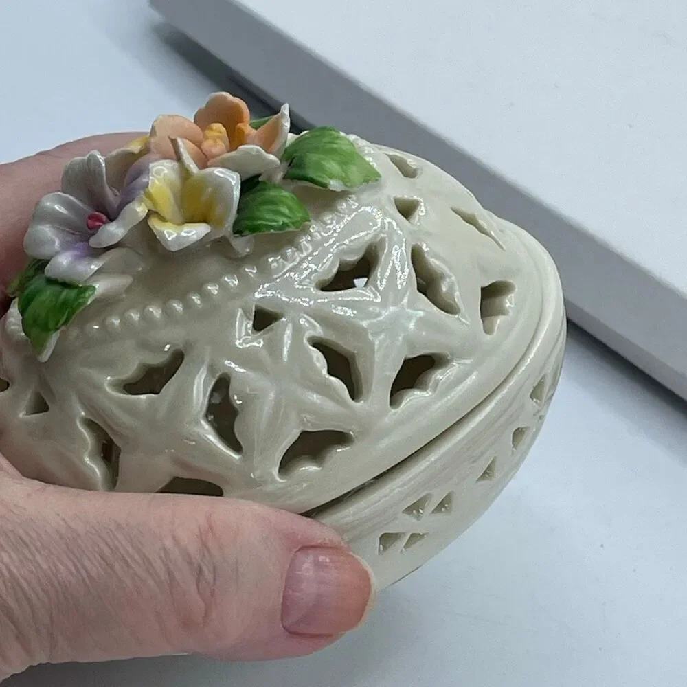 Vintage Cream Lusterware floral cut out design Easter Egg trinket box.